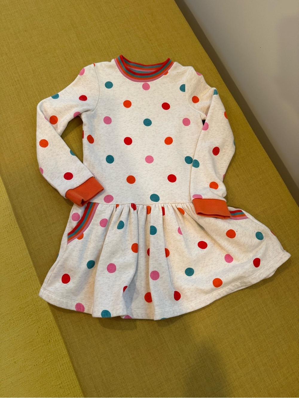 Mini Boden Girls' Polka Dot Long-Sleeve Dress - Cream with Multi Colored Dots